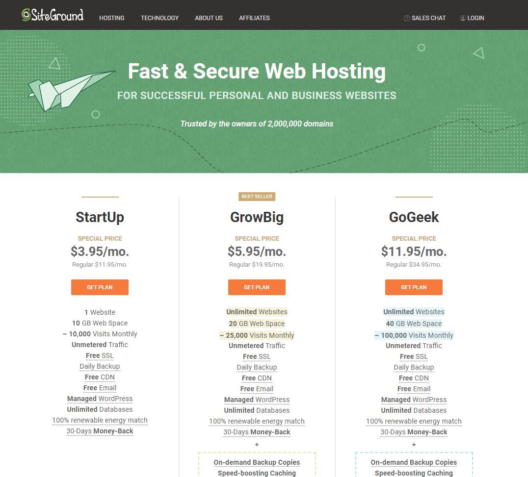 SiteGround Hosting Plans